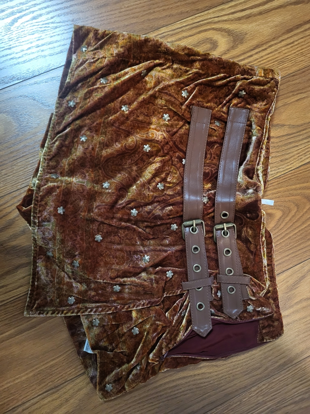 Free People Brown Velvet Mini Skirt with Floral Embroidery and Buckle Straps